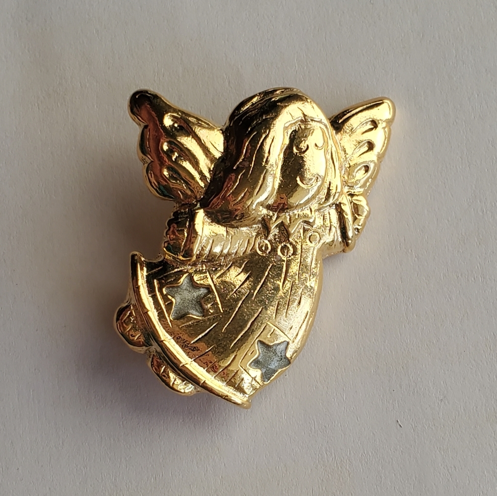 Vintage Gold Enamel Angel Brooch Pin